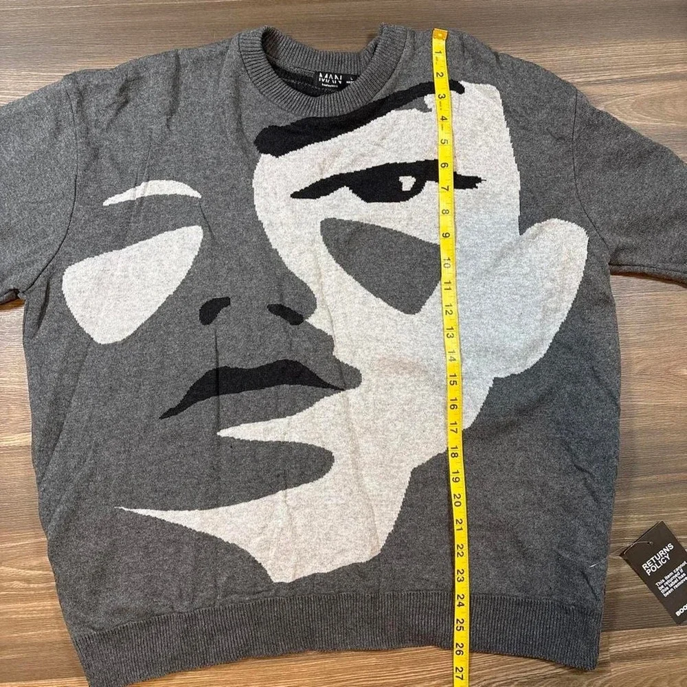 BooHooMAN gray sweater with white and black face graphic, size L